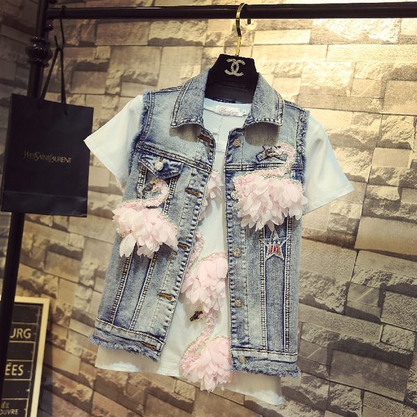 2018 spring / summer new fashion womans embroidery swan feather denim waistcoat girl lady slim jeans vests coat, Black;white
2018 spring / summer new fashion womans embroidery swan feather denim waistcoat girl lady slim jeans vests coat, Black;white
