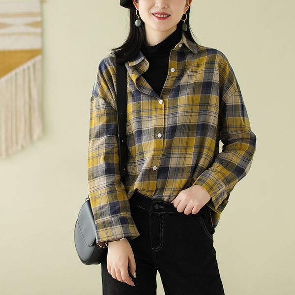 cotton plaid mid-length long-sleeved shirt spring and autumn new retro casual all-match women's shirt, White
cotton plaid mid-length long-sleeved shirt spring and autumn new retro casual all-match women's shirt, White