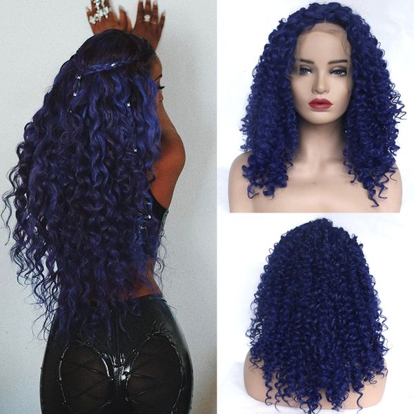 blue 13*3 lace front wig synthetic hair heat resistant fiber kinky curly hair wigs for black / white women long wavy deep curly wigs