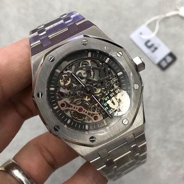 u1 factory sapphire glass watch15407st.oo.1220st.01 series 42mm skeleton dial automatic movement solid stainless strap wrist watch, Slivery;brown 
u1 factory sapphire glass watch15407st.oo.1220st.01 series 42mm skeleton dial automatic movement solid stainless strap wrist watch, Slivery;brown