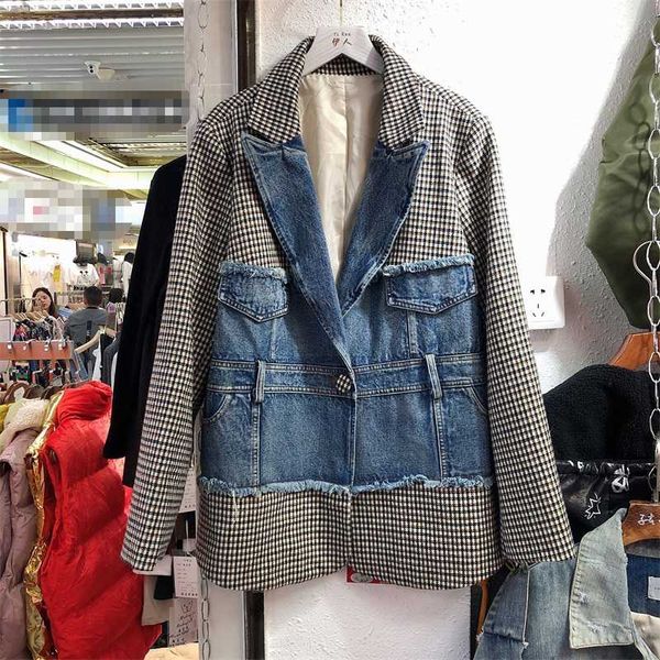 2020 new suit collar loose lattice stitching worn personality jacket women, White;black
2020 new suit collar loose lattice stitching worn personality jacket women, White;black