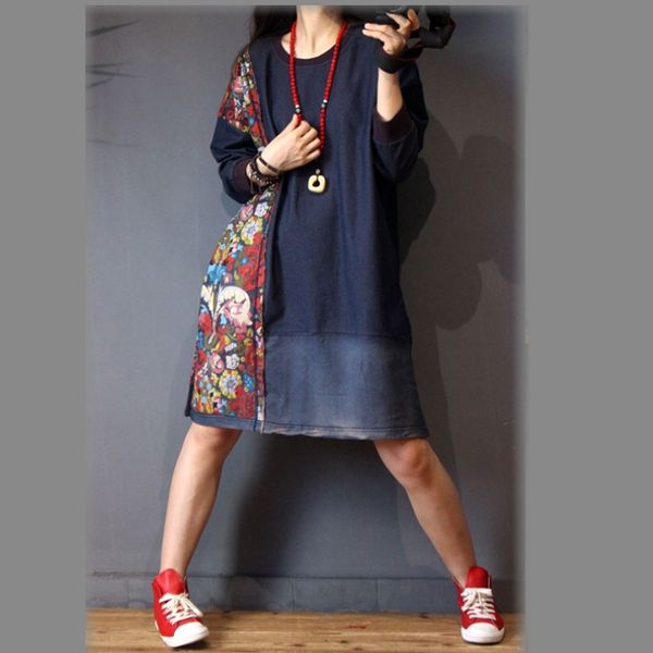 2019 spring loose vintage floral patchwork long sleeve denim dress plus size dress, Black;gray
2019 spring loose vintage floral patchwork long sleeve denim dress plus size dress, Black;gray