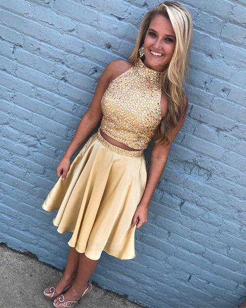 bling gold crystal short two pieces prom homecoming party dresses satin high neck rhinestones graduation cocktail dress formal gowns, Black
bling gold crystal short two pieces prom homecoming party dresses satin high neck rhinestones graduation cocktail dress formal gowns, Black