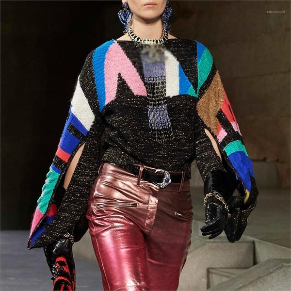 pullover ladies sweaters patchwork color female apparel geometric designer women sweater knitted winter loose long sleeve, White;black 
pullover ladies sweaters patchwork color female apparel geometric designer women sweater knitted winter loose long sleeve, White;black