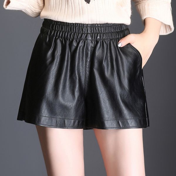women elastic high waist loose casual black pu leather shorts autumn winter office lady korean wide leg mini short pants, White;black
women elastic high waist loose casual black pu leather shorts autumn winter office lady korean wide leg mini short pants, White;black