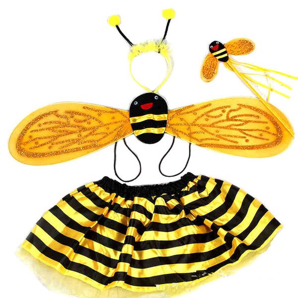 

4 piece sets halloween christmas bee costumes for kids girls cute party fancy dress cosplay wings+tutu skirts yellow red, Black;red