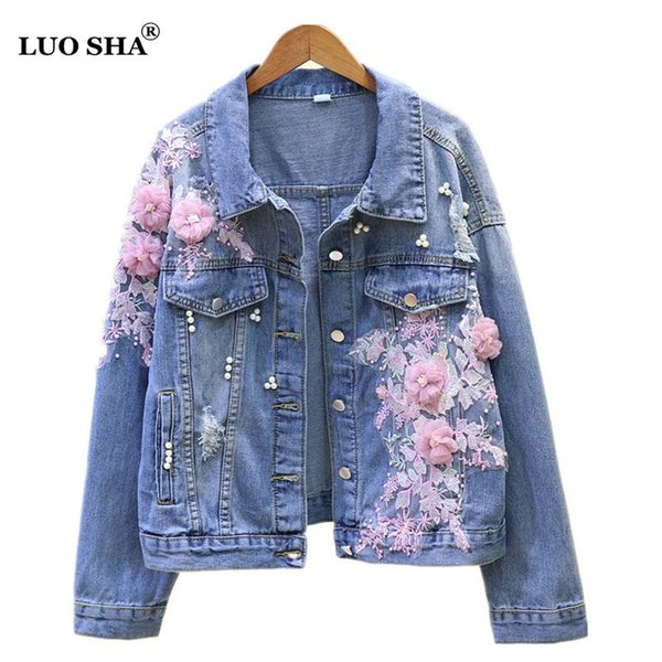

luosha women 2019 fashion appliues 3d flower ripped denim jacket frayed raw hem hole beading demin loose spring jean coat, Black;white