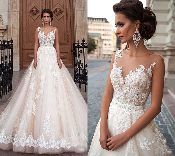 elegant lace wedding dresses sheer jewel neckline appliqued tulle chapel a-line backless bridal gowns with beads sash, White
elegant lace wedding dresses sheer jewel neckline appliqued tulle chapel a-line backless bridal gowns with beads sash, White