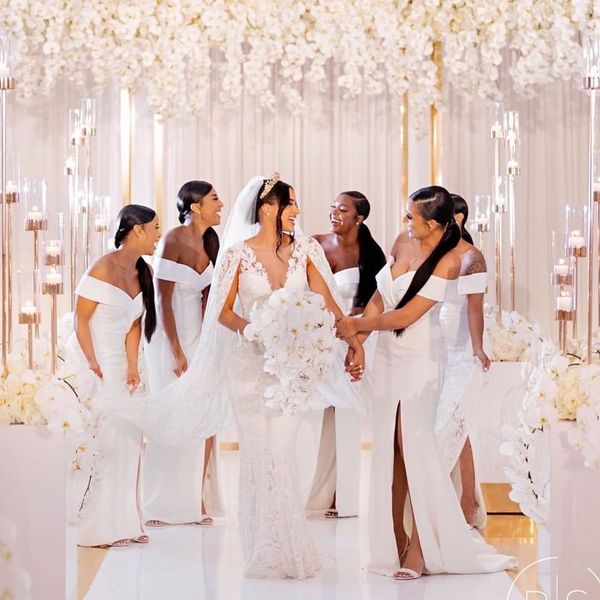 2020 elegant african mermaid bridesmaid dresses off shoulder split side long maid of honor prom gowns, White;pink
2020 elegant african mermaid bridesmaid dresses off shoulder split side long maid of honor prom gowns, White;pink