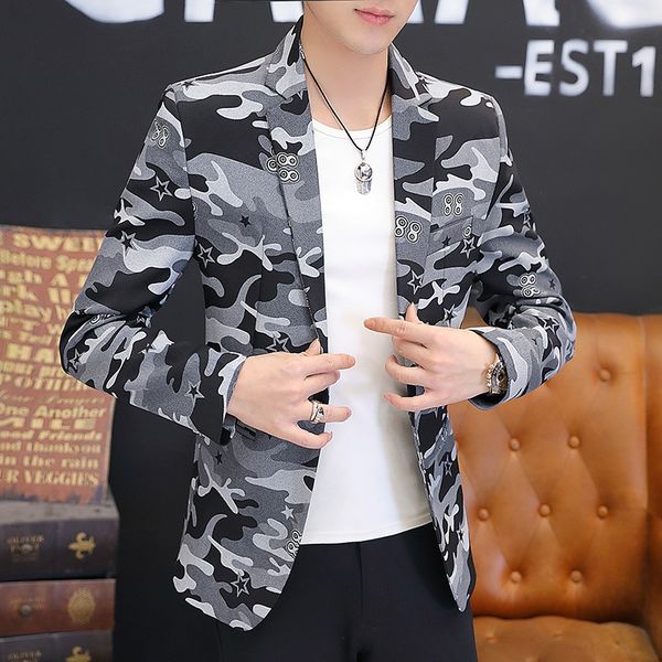 2020 men's casual camouflage printing slim-fit suit youth handsome personality blazer, White;black
2020 men's casual camouflage printing slim-fit suit youth handsome personality blazer, White;black