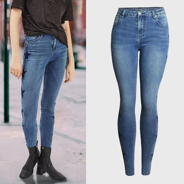 women vintage side pentagram embroidery jeans female stretch denim pants skinny trousers high waist jeans, Blue
women vintage side pentagram embroidery jeans female stretch denim pants skinny trousers high waist jeans, Blue