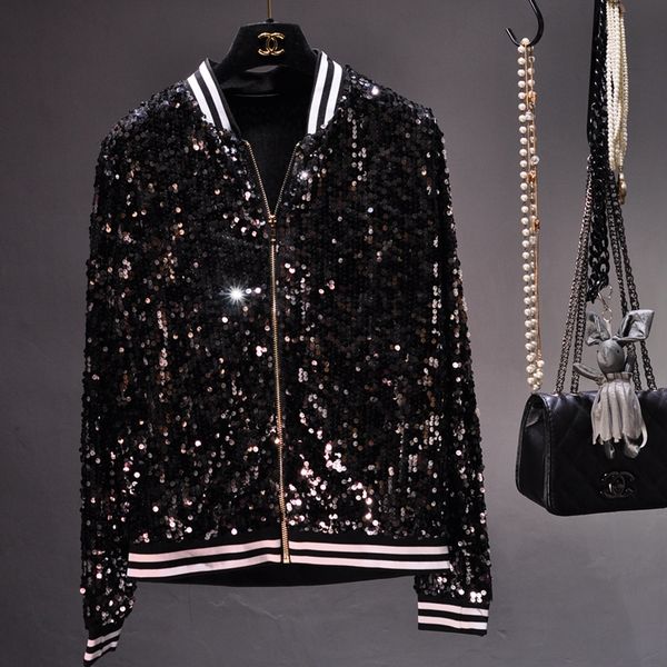bingbing sequins long sleeve outwear for women all-match loose stand collar baseball clothes female black sports jacket coats, Black;brown
bingbing sequins long sleeve outwear for women all-match loose stand collar baseball clothes female black sports jacket coats, Black;brown