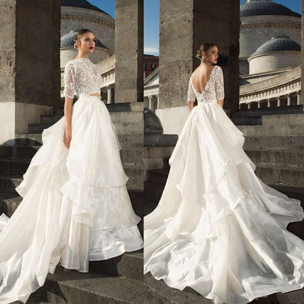 2020 new julie vino wedding dresses two pieces half sleeve backless lace bridal gowns tiered skirts wedding dress, White
2020 new julie vino wedding dresses two pieces half sleeve backless lace bridal gowns tiered skirts wedding dress, White
