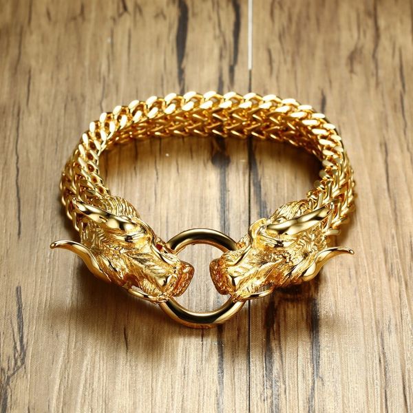 men's punk double dragon head herringbone chain bracelet for men braslet stainless steel gold tone hip hop male jewelry 22.5cm, Golden;silver
men's punk double dragon head herringbone chain bracelet for men braslet stainless steel gold tone hip hop male jewelry 22.5cm, Golden;silver