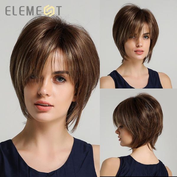 women pixie cut hairstyle mix brown color short straight synthetic bob wigs with bangs for daily wear, Black
women pixie cut hairstyle mix brown color short straight synthetic bob wigs with bangs for daily wear, Black