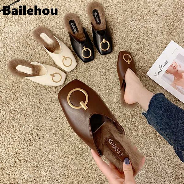bailehou autumn winter women's mules flat shoes slip on brand metal buckle fur slides luxury outsides round toe flat slippers, Black
bailehou autumn winter women's mules flat shoes slip on brand metal buckle fur slides luxury outsides round toe flat slippers, Black