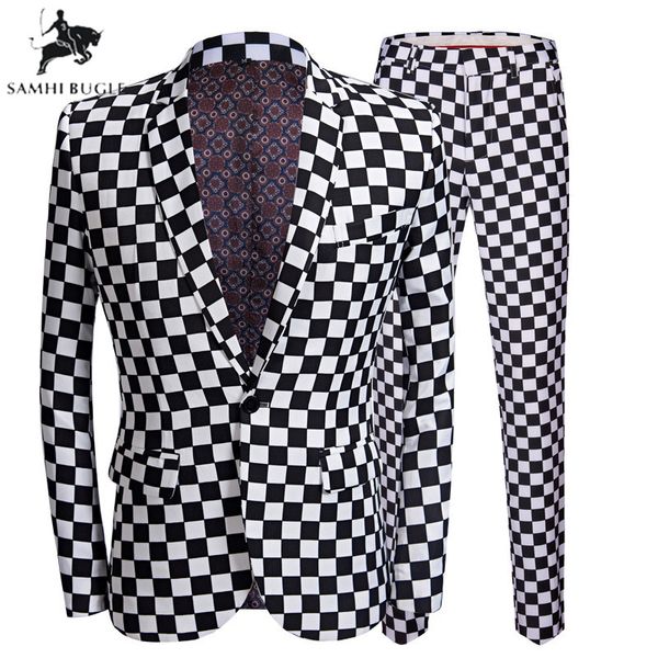 brand suit men black white plaid print 2 pieces set latest coat + pant designs wedding stage singer slim fit costume, White;black
brand suit men black white plaid print 2 pieces set latest coat + pant designs wedding stage singer slim fit costume, White;black