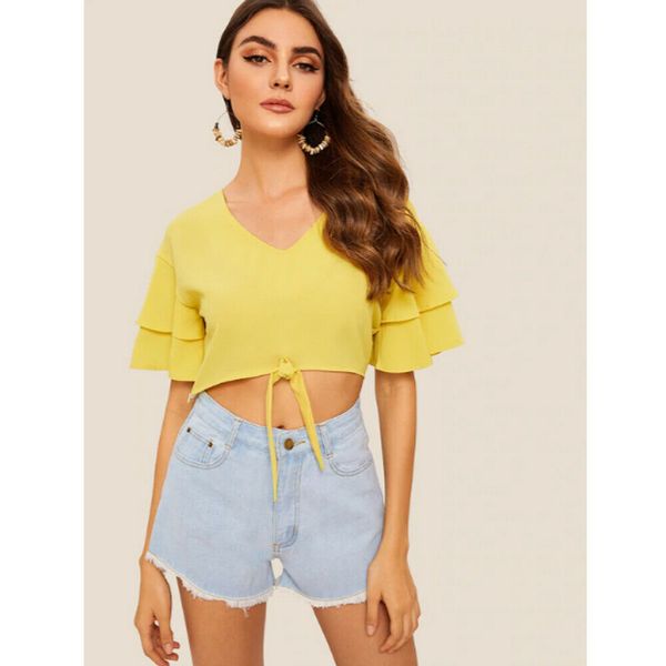 2019 new style bow ruffle women's spring summer crop v neck short sleeve loose chiffon short blouse, White
2019 new style bow ruffle women's spring summer crop v neck short sleeve loose chiffon short blouse, White