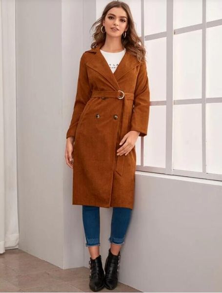 2019 winter women's new coat corduroy double-breasted mid-length with belt jacket, Tan;black
2019 winter women's new coat corduroy double-breasted mid-length with belt jacket, Tan;black