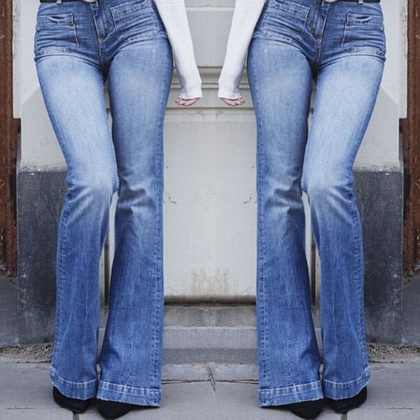 selling jeans women's slim fit patch pocket slimming high-waisted bell-bottom pants trousers, Blue
selling jeans women's slim fit patch pocket slimming high-waisted bell-bottom pants trousers, Blue