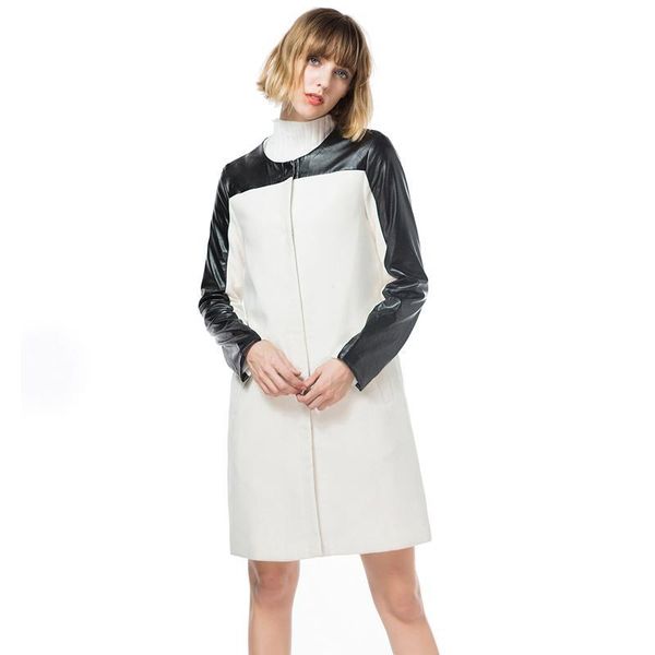 2020 new style o-neck women coat pu leather stitching wool coat office lady long style button female, Black
2020 new style o-neck women coat pu leather stitching wool coat office lady long style button female, Black