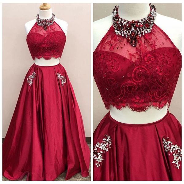 stunning high neck lace and satin burgundy prom dresses for sale with pockets rhinestones beading a-line 2 piece party dress, Black
stunning high neck lace and satin burgundy prom dresses for sale with pockets rhinestones beading a-line 2 piece party dress, Black