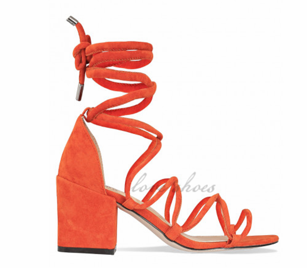 orange suede lace up block heels shoes, Black