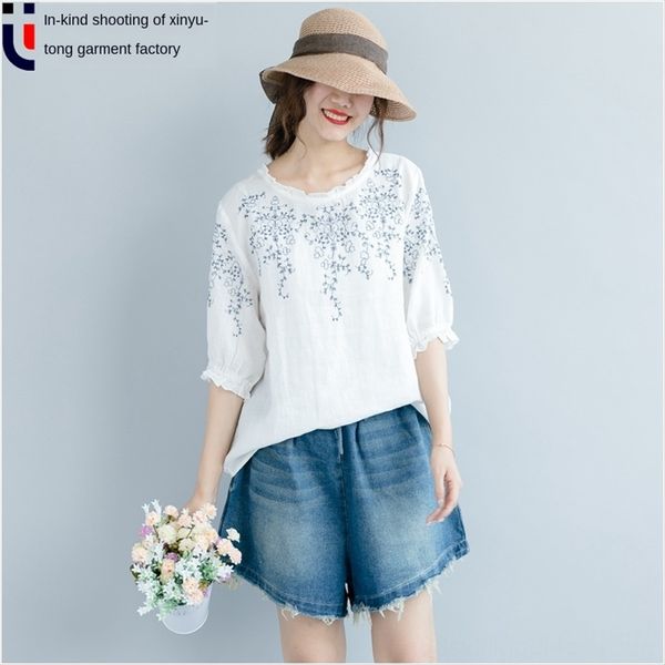 summer clothes literary style embroidery large size women's and cotton embroidered cotton and linen linen top, White
summer clothes literary style embroidery large size women's and cotton embroidered cotton and linen linen top, White