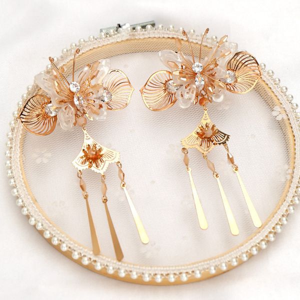 butterfly shape costume gold hairpin jewelry female 2019 chinese wedding dress bride headdress classical elegance, Golden;white