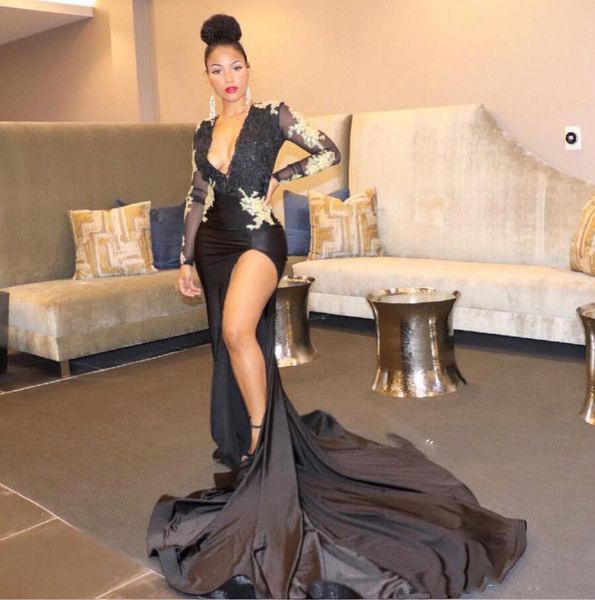 black mermaid prom dresses long sleeve deep v neck high split full evening gowns african celebrity party gown
black mermaid prom dresses long sleeve deep v neck high split full evening gowns african celebrity party gown