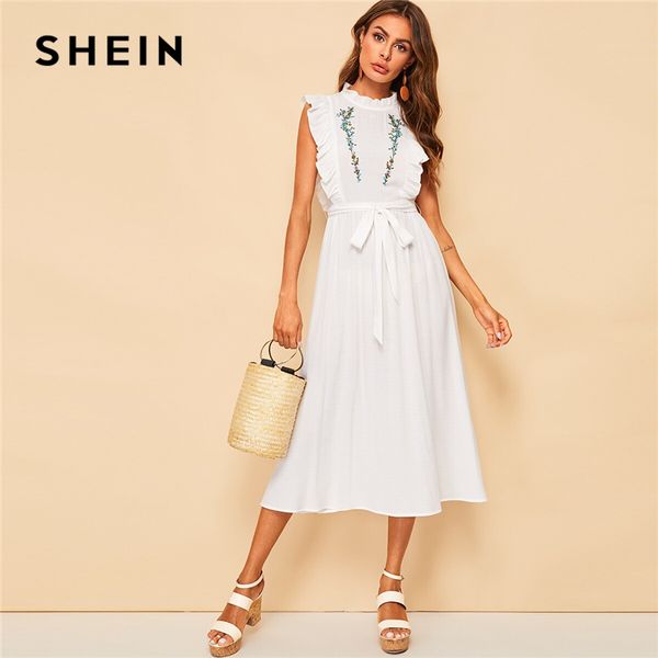 

shein mock neck ruffle trim flower embroidered belted dress zipper stand collar sleeveless boho a line summer women dress, Black;gray