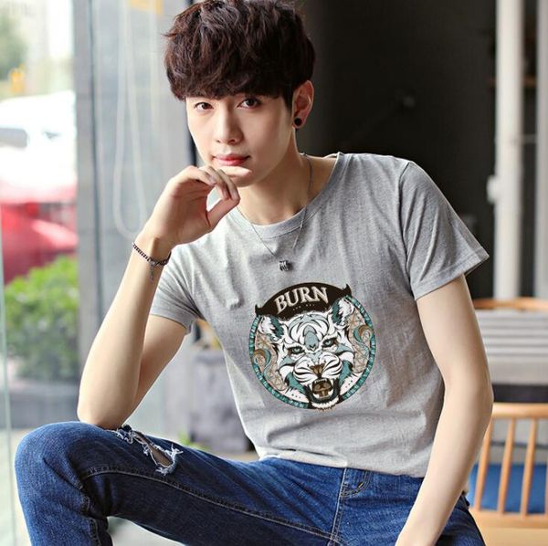 new summer men's round collar, short sleeve, plain european and american men's shirt with embroidered letters, White;black