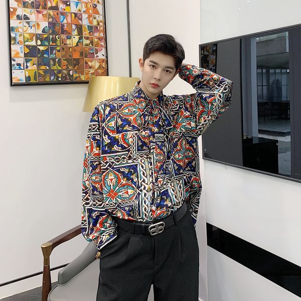 men's casual shirts men vintage print long sleeve bow tie ribbon japan korea style male streetwear fashion show dress, White;black
men's casual shirts men vintage print long sleeve bow tie ribbon japan korea style male streetwear fashion show dress, White;black