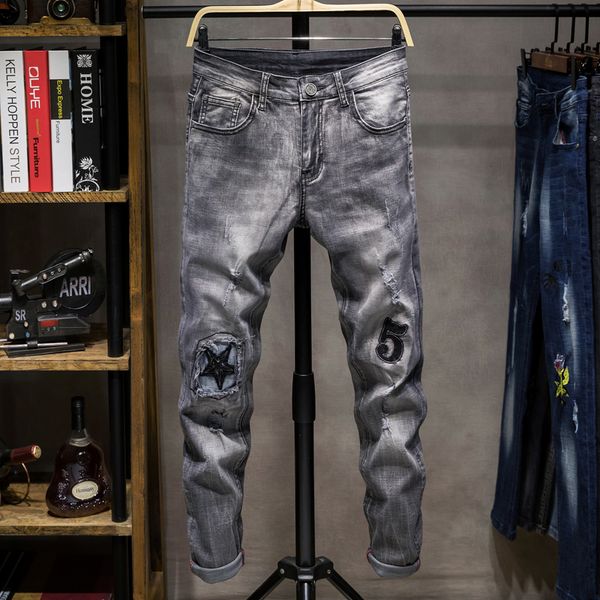 2019 men jeans pants hole patch full length trousers summer splicing light denim fashion quality comfortable gray slim jeans, Blue
2019 men jeans pants hole patch full length trousers summer splicing light denim fashion quality comfortable gray slim jeans, Blue