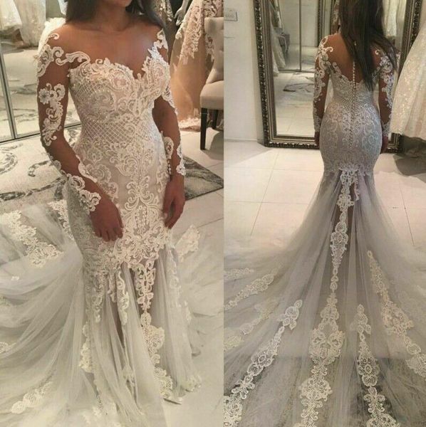illusion lace wedding dresses retro designer long sleeves mermaid bridal gowns long sleeves jewel neck sheer back robes de mariée, White
illusion lace wedding dresses retro designer long sleeves mermaid bridal gowns long sleeves jewel neck sheer back robes de mariée, White
