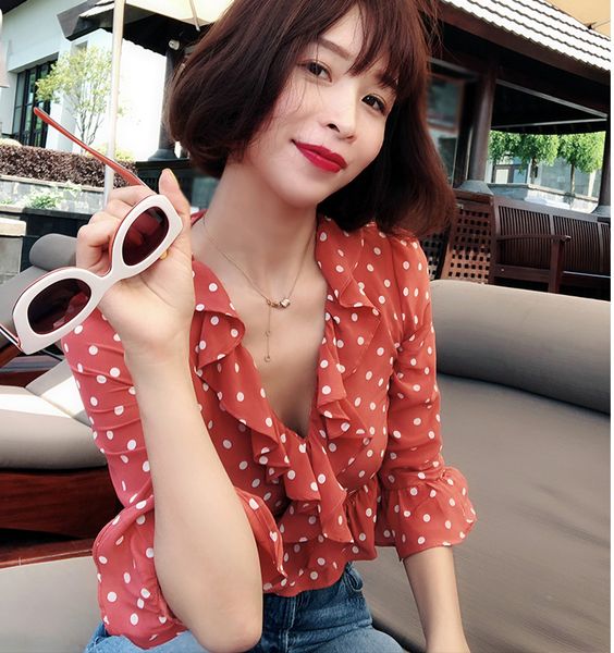 women fashion silk 100% polka dot print elbow sleeve ruffled v neck casual with ruffled trim, White
women fashion silk 100% polka dot print elbow sleeve ruffled v neck casual with ruffled trim, White