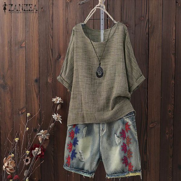 

zanzea 2019 women solid tees-shirts summer casual o neck short sleeve shirt vintage loose blouse blusas tunic femininas, White