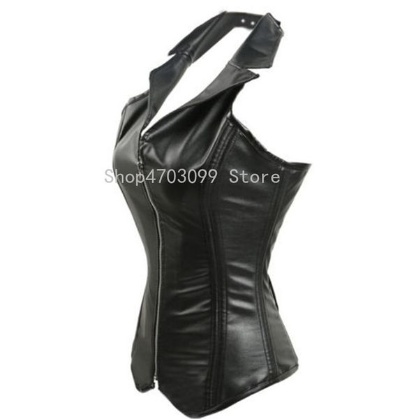 faux leather black zipper overbust corset lapel halter strap steel boned waister cincher steampunk costume s-2xl, Black;white 
faux leather black zipper overbust corset lapel halter strap steel boned waister cincher steampunk costume s-2xl, Black;white