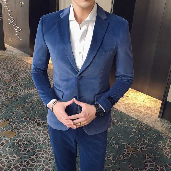 men's suit british style handsome korean casual slim velvet 2 piece men suits with pants wedding prom tuxedo terno costume homme, White;black