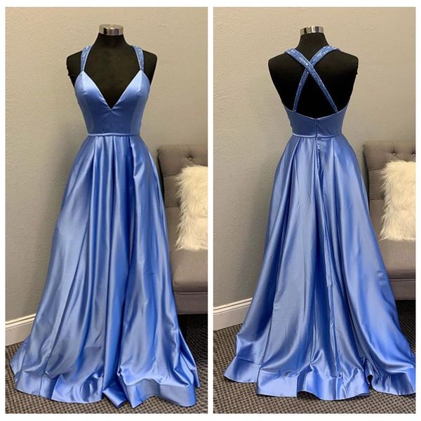 chic v-neck satin a-line blue prom dress with pleated skirt blue party dress criss cross straps back affordable formal dresses, Black
chic v-neck satin a-line blue prom dress with pleated skirt blue party dress criss cross straps back affordable formal dresses, Black