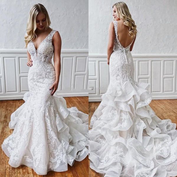 cascading ruffles lace mermaid wedding dresses deep v neck backless sweep train lace garden chapel bridal gowns vestidos de novia plus size, White
cascading ruffles lace mermaid wedding dresses deep v neck backless sweep train lace garden chapel bridal gowns vestidos de novia plus size, White