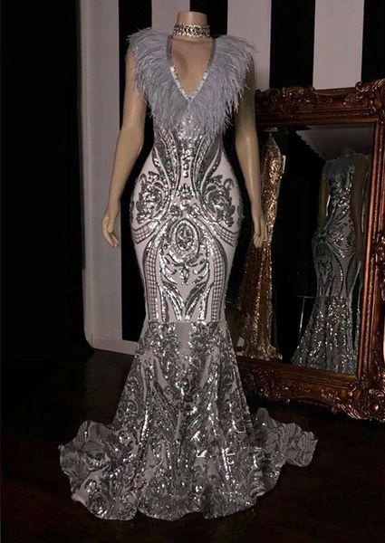 2019 silver v neck sequins mermaid long prom dresses lace feather sweep train formal party evening gowns bc1554, Black
2019 silver v neck sequins mermaid long prom dresses lace feather sweep train formal party evening gowns bc1554, Black