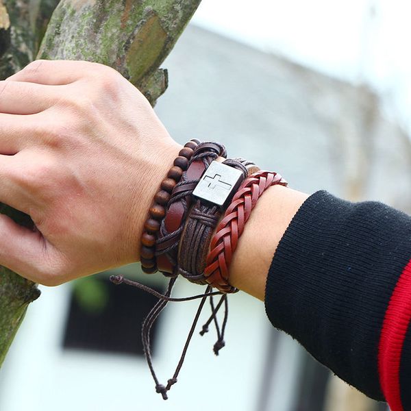 new multilayer 4pcs/set handmade bronze alloy charm men brown red leather cross bracelet for women femme homme male jewelry, Golden;silver
new multilayer 4pcs/set handmade bronze alloy charm men brown red leather cross bracelet for women femme homme male jewelry, Golden;silver