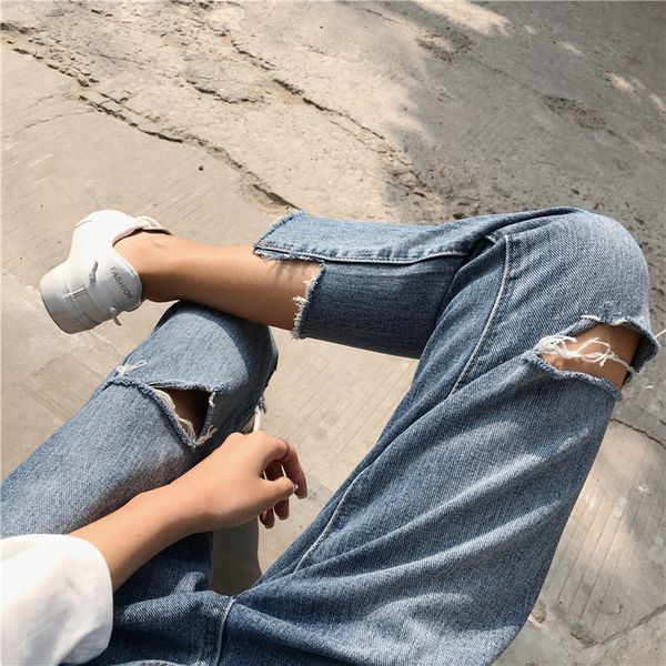 2019 new spring hole jeans women loose large size nine points pants straight high waist, Blue
2019 new spring hole jeans women loose large size nine points pants straight high waist, Blue