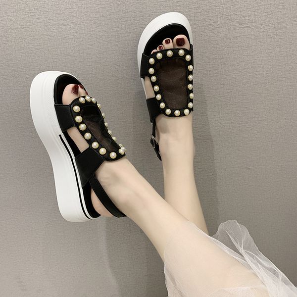 pearl mesh roman sandals women's new summer muffin thick bottom word holiday beach shoes woman sandals with 5cm heels, Black
pearl mesh roman sandals women's new summer muffin thick bottom word holiday beach shoes woman sandals with 5cm heels, Black