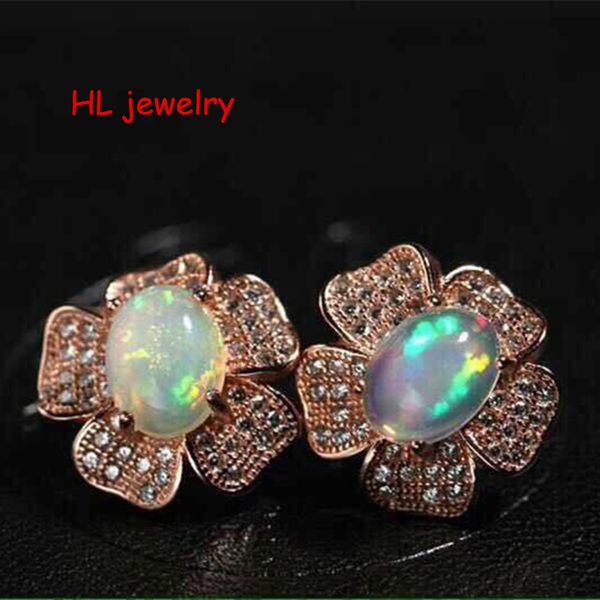 fashion-natural opal 6x8mm oval 925 sterling silver stud earrings, Golden;silver