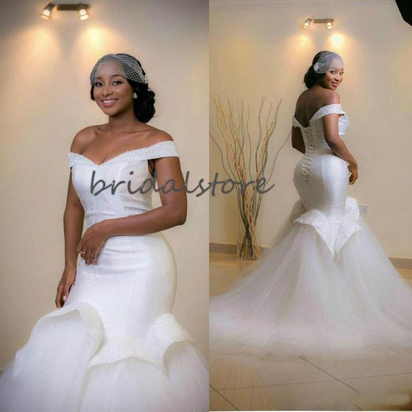 african nigerian mermaid wedding dresses offf the shoulder beaded plus size church wedding dress corset back vintage trumpet bridal gown, White
african nigerian mermaid wedding dresses offf the shoulder beaded plus size church wedding dress corset back vintage trumpet bridal gown, White