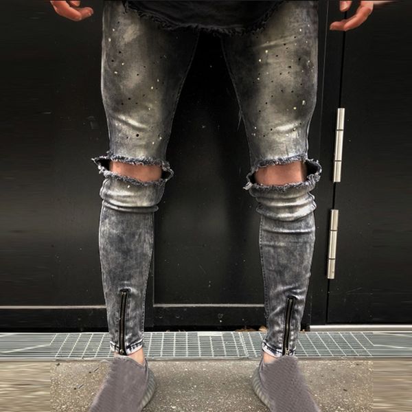 2019 men slim biker zipper skinny frayed pencil pants distressed rip denim regular casual jeans trousers the hole solid pants, Blue
2019 men slim biker zipper skinny frayed pencil pants distressed rip denim regular casual jeans trousers the hole solid pants, Blue