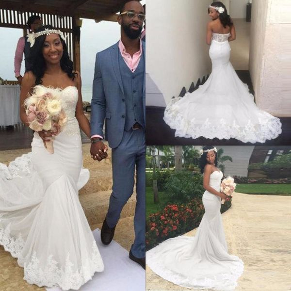 vestidos de novia sweetheart mermaid wedding dresses lace appliques sweep train custom made wedding gown robe de mariee, White
vestidos de novia sweetheart mermaid wedding dresses lace appliques sweep train custom made wedding gown robe de mariee, White