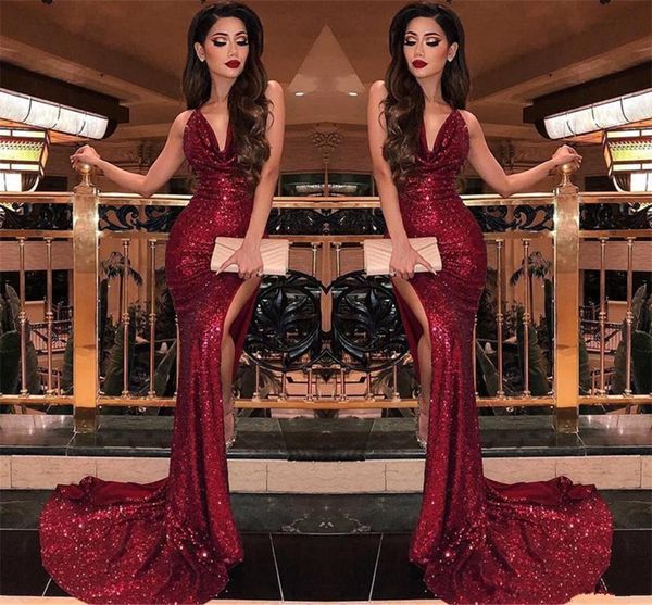 2019 burgundy v neck sequins mermaid prom dresses high slits vestidos de fiesta sweep train formal long evening party prom gowns, Black;red
2019 burgundy v neck sequins mermaid prom dresses high slits vestidos de fiesta sweep train formal long evening party prom gowns, Black;red